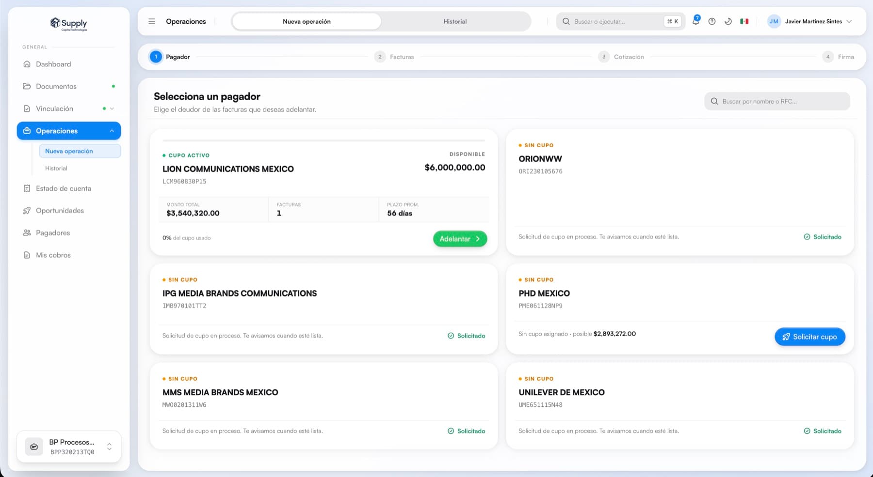 Selección de pagador y consulta de cupo disponible en Supply Capital Tech